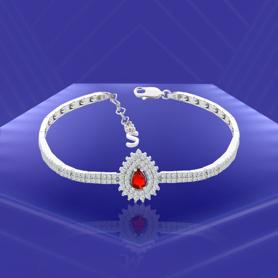 925 Ayar Gümüş 2 Sıra Hürrem Kırmızı Damla Taşlı Harfli Su Yolu Bileklik S