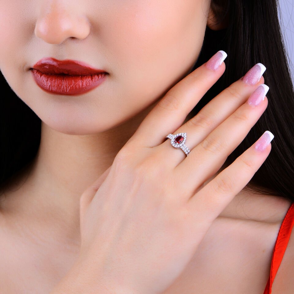 925 Ayar Gümüş Buğday Model Çift Salkım Damla Taşlı Su Yolu Set KIRMIZI