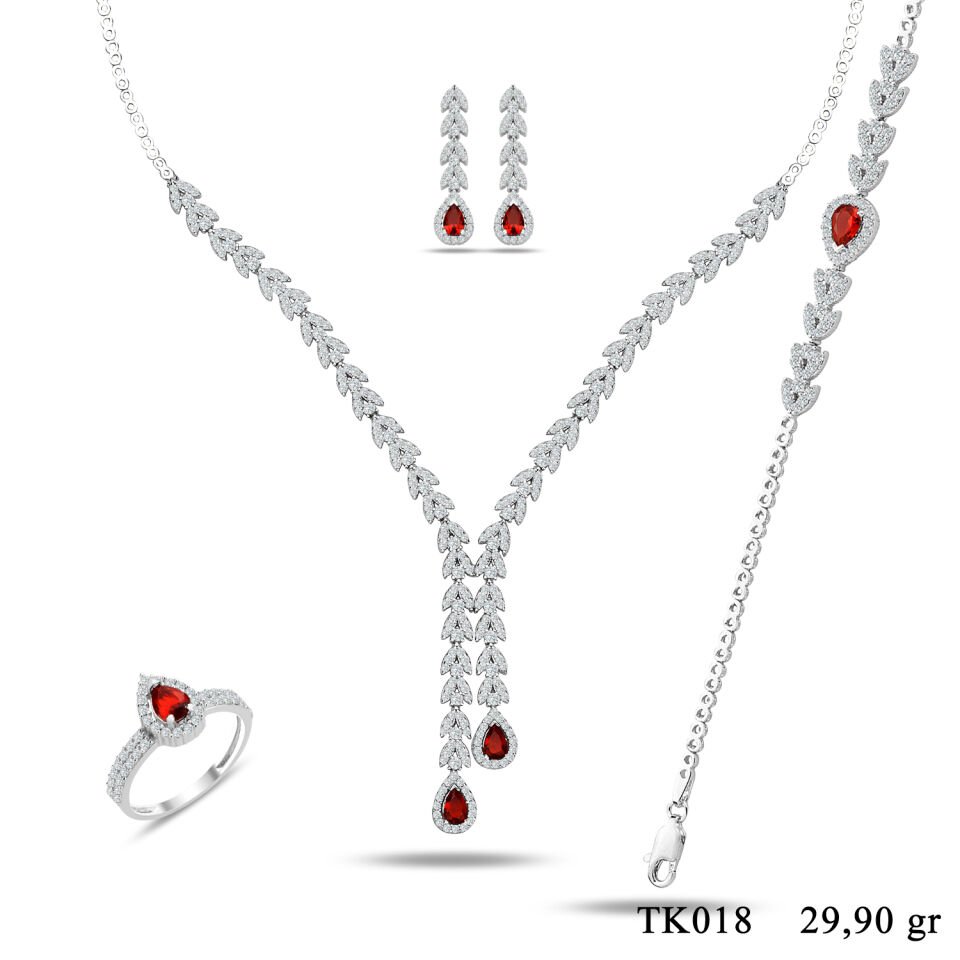 925 Ayar Gümüş Buğday Model Çift Salkım Damla Taşlı Su Yolu Set KIRMIZI