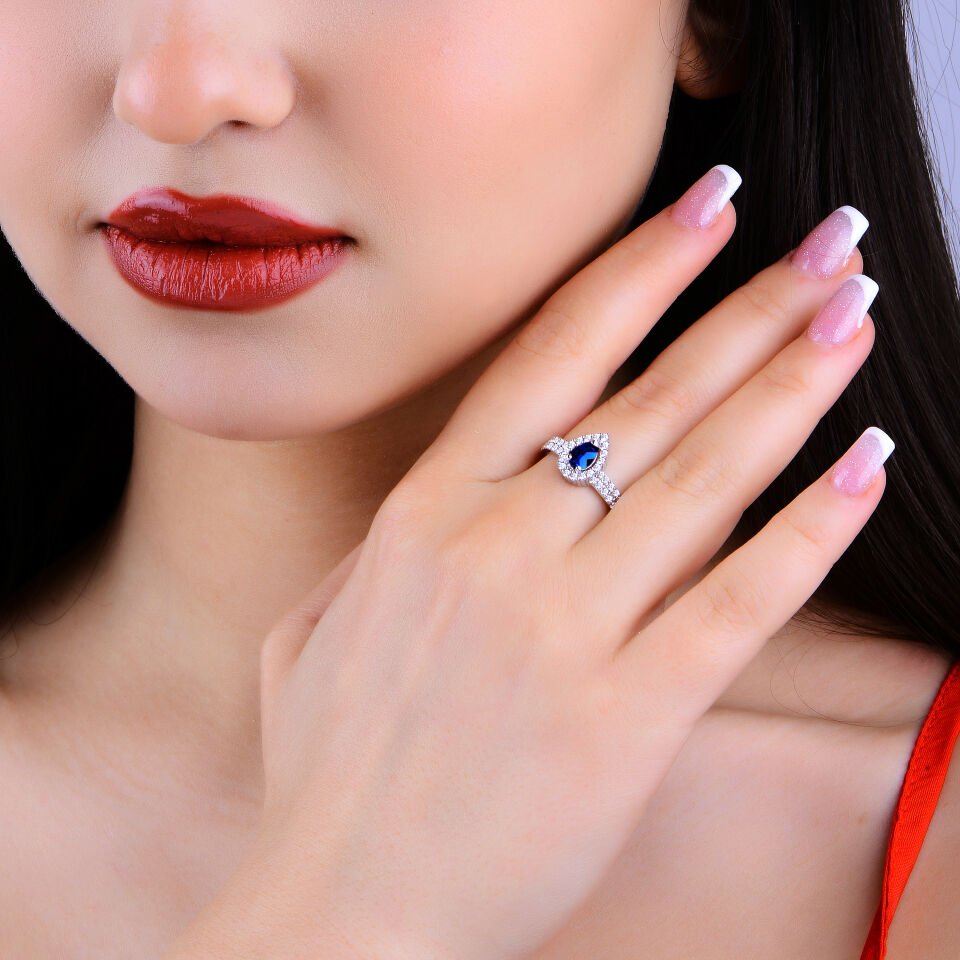 925 Ayar Gümüş Buğday Model Çift Salkım Damla Taşlı Su Yolu Set MAVİ