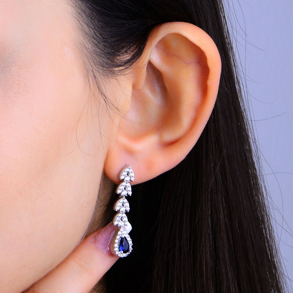 925 Ayar Gümüş Buğday Model Çift Salkım Damla Taşlı Su Yolu Set MAVİ