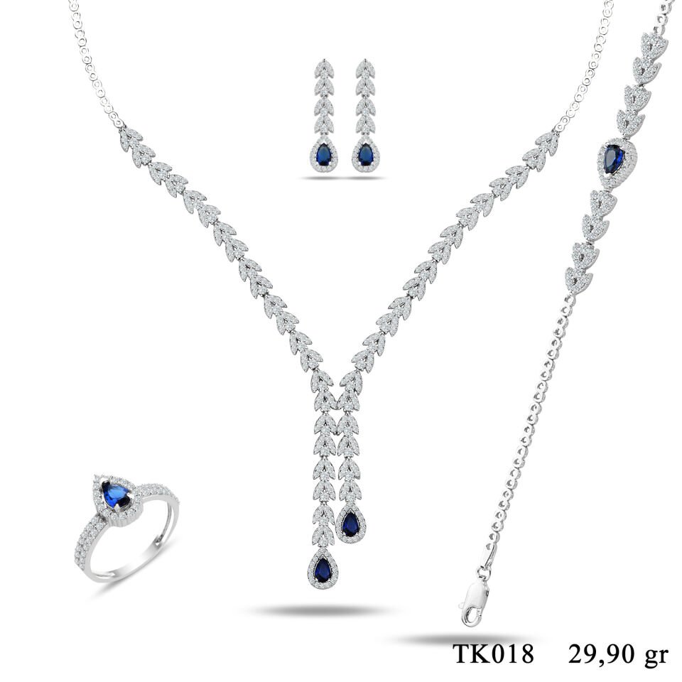 925 Ayar Gümüş Buğday Model Çift Salkım Damla Taşlı Su Yolu Set MAVİ