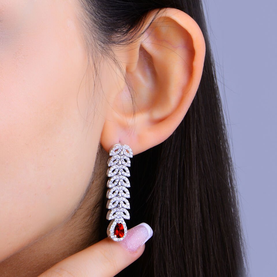 925 Ayar Gümüş Balık Model Damla Taşlı Su Yolu Set KIRMIZI