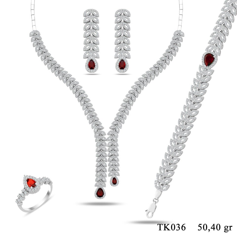 925 Ayar Gümüş Balık Model Damla Taşlı Su Yolu Set KIRMIZI
