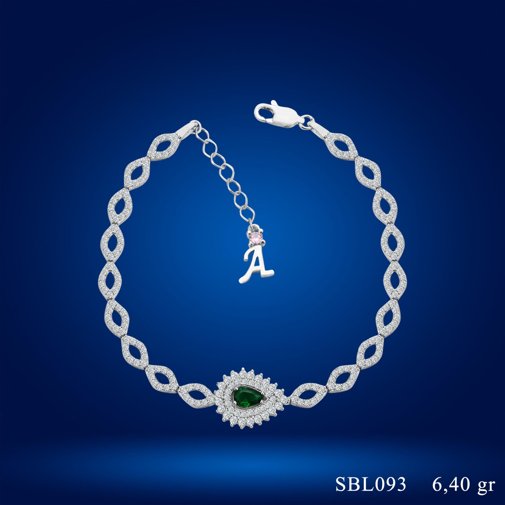 925 Ayar Gümüş Göz Şekilli Yeşil Damla Taşlı Zincir Harfli Su Yolu Bileklik