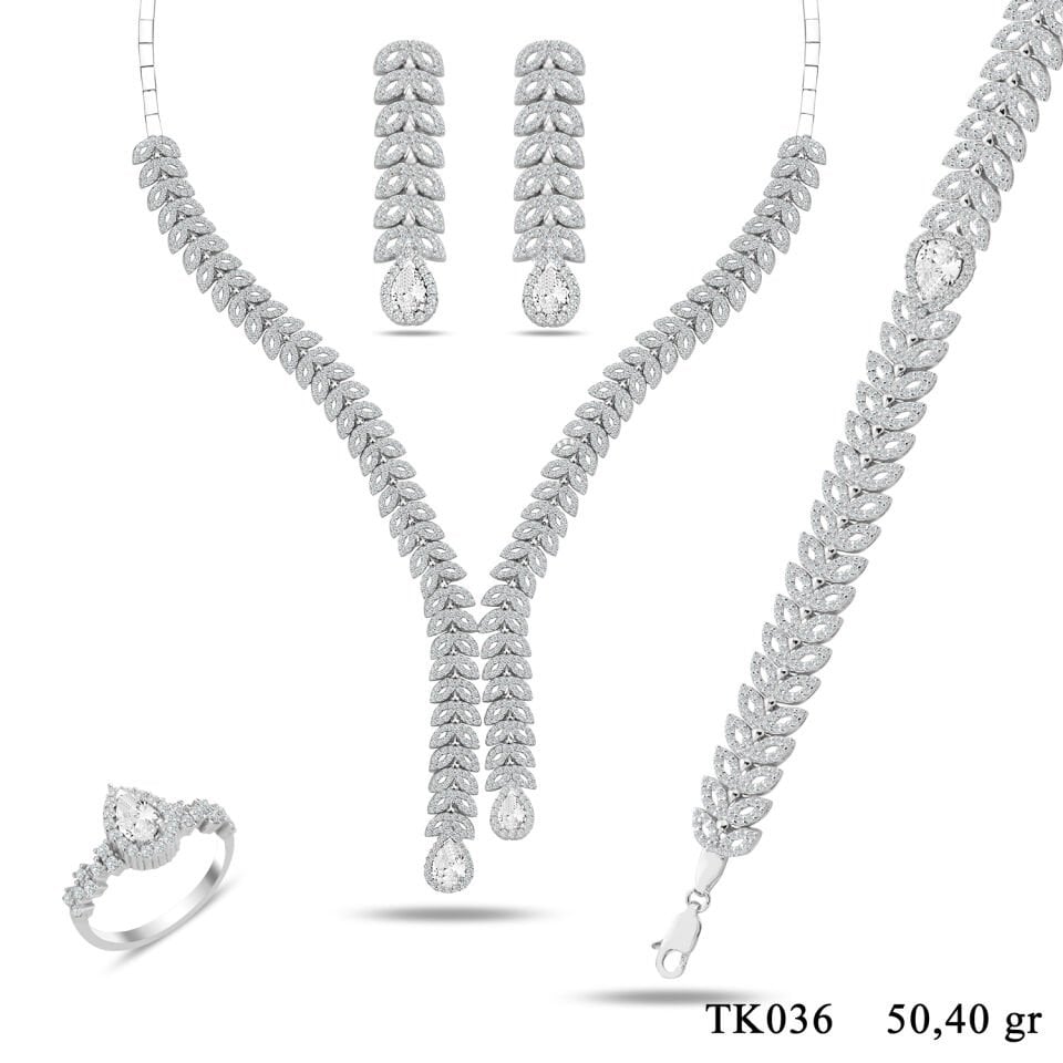 925 Ayar Gümüş Balık Model Damla Taşlı Su Yolu Set BEYAZ