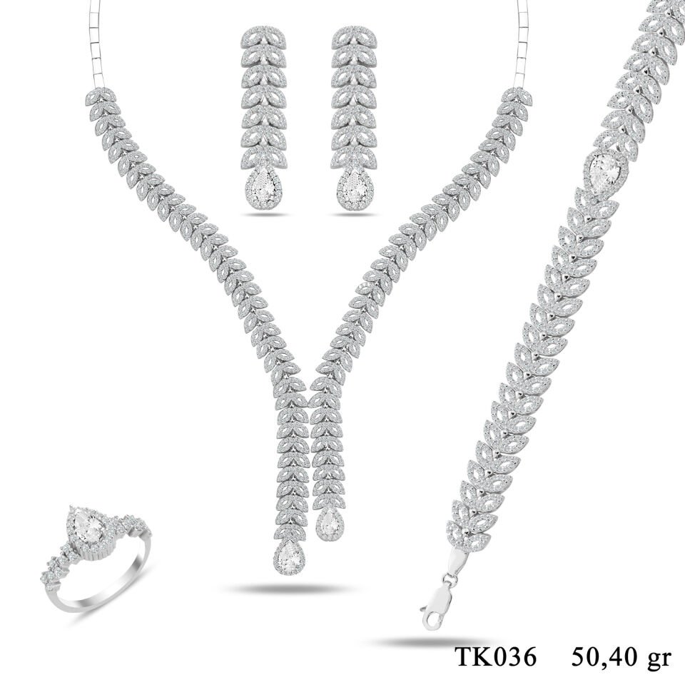 925 Ayar Gümüş Balık Model Damla Taşlı Su Yolu Set BEYAZ