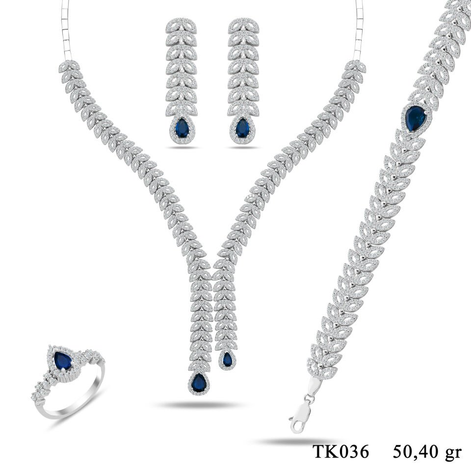 925 Ayar Gümüş Balık Model Damla Taşlı Su Yolu Set MAVİ