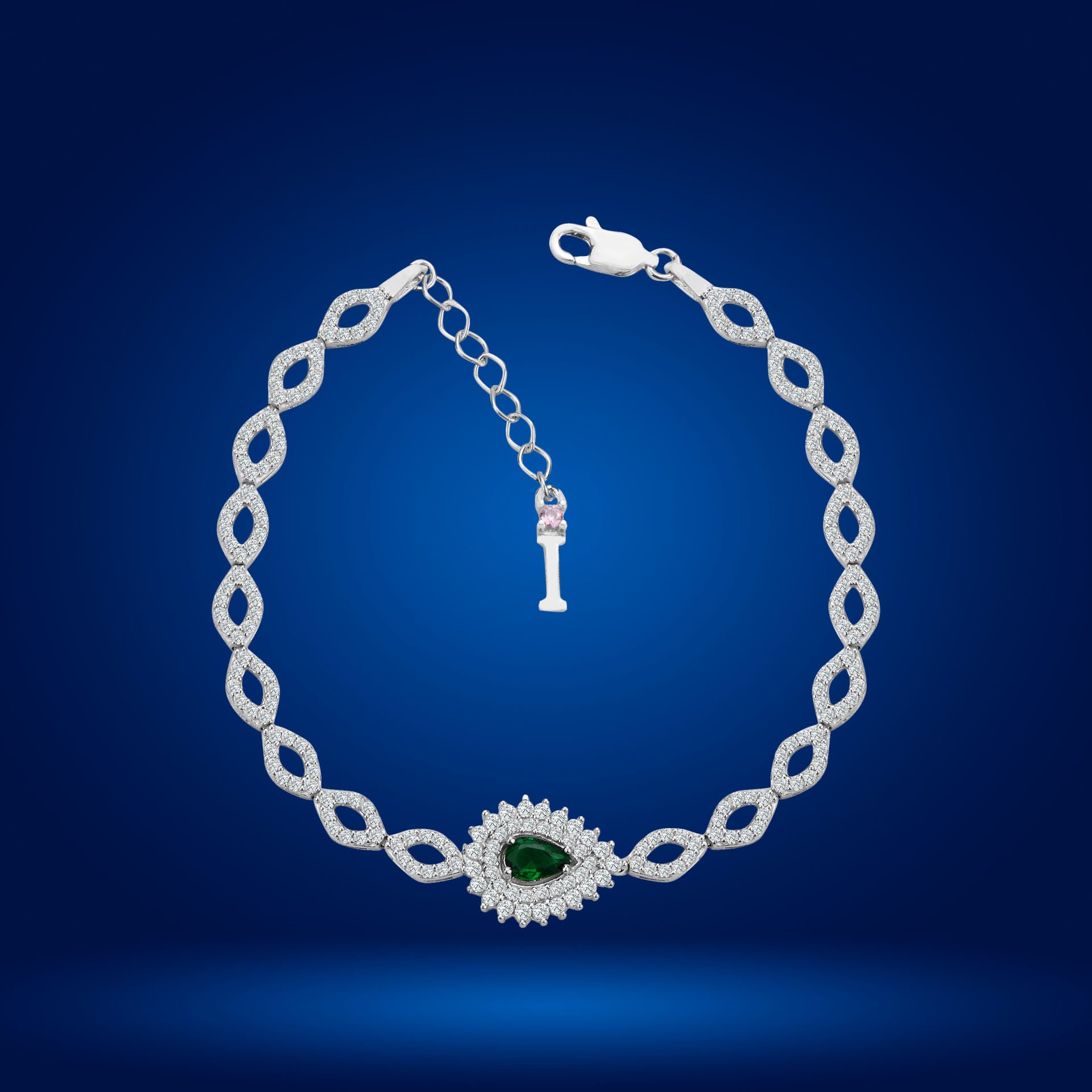 925 Ayar Gümüş Göz Şekilli Yeşil Damla Taşlı Zincir Harfli Su Yolu Bileklik I