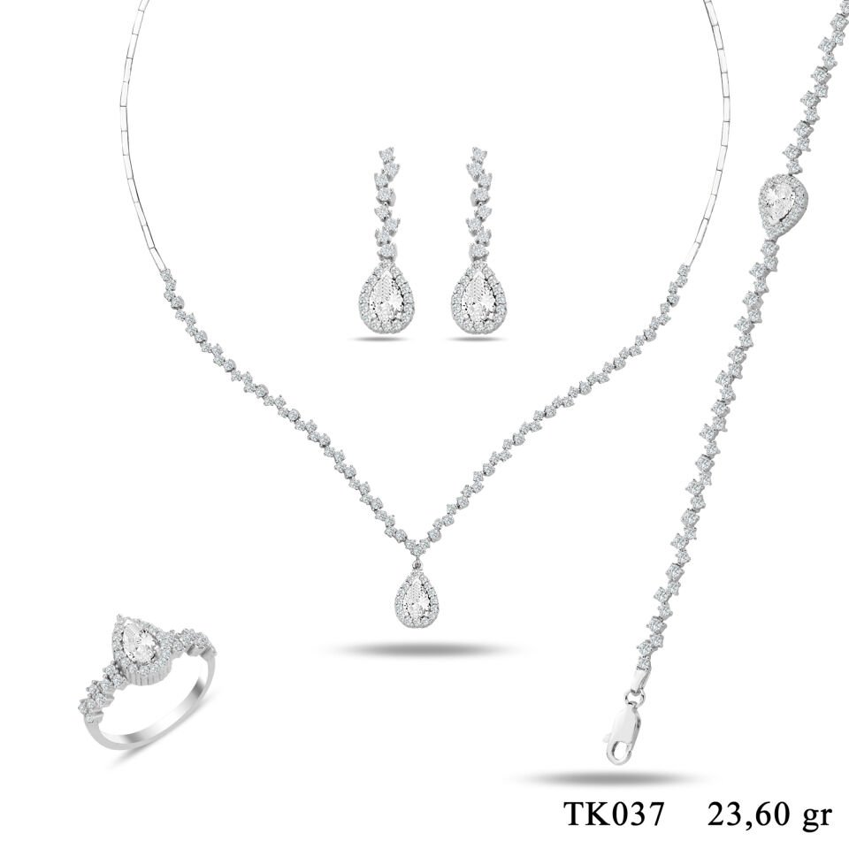 925 Ayar Gümüş Pırlanta Montür Damla Taşlı Su Yolu Set BEYAZ