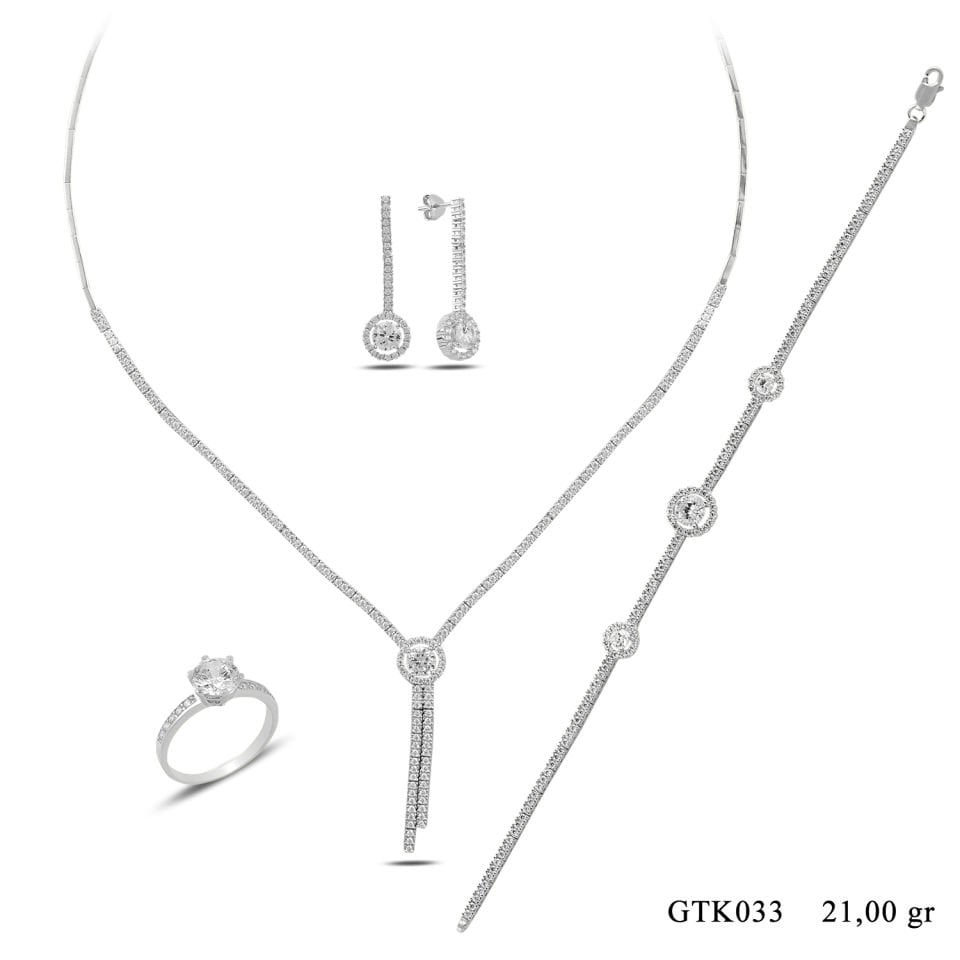 BARIŞ TAKI 925 Ayar Gümüş Salkım Tek Taş Su Yolu Set