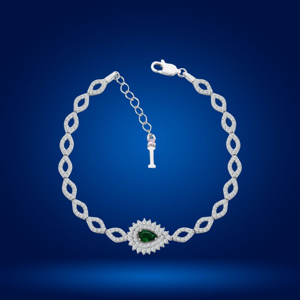 925 Ayar Gümüş Göz Şekilli Yeşil Damla Taşlı Zincir Harfli Su Yolu Bileklik İ