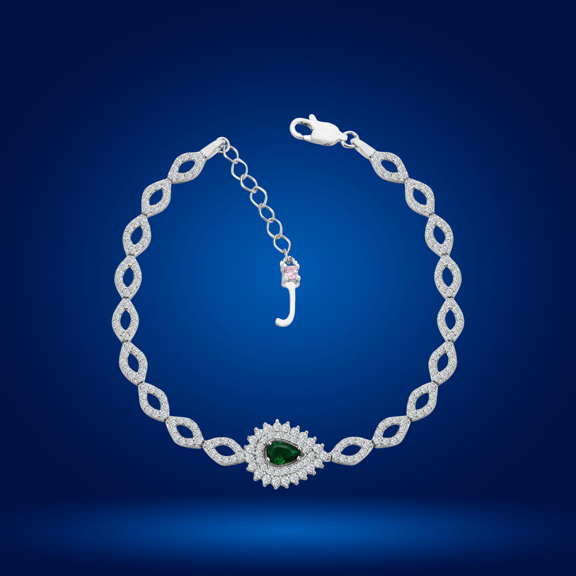 925 Ayar Gümüş Göz Şekilli Yeşil Damla Taşlı Zincir Harfli Su Yolu Bileklik J