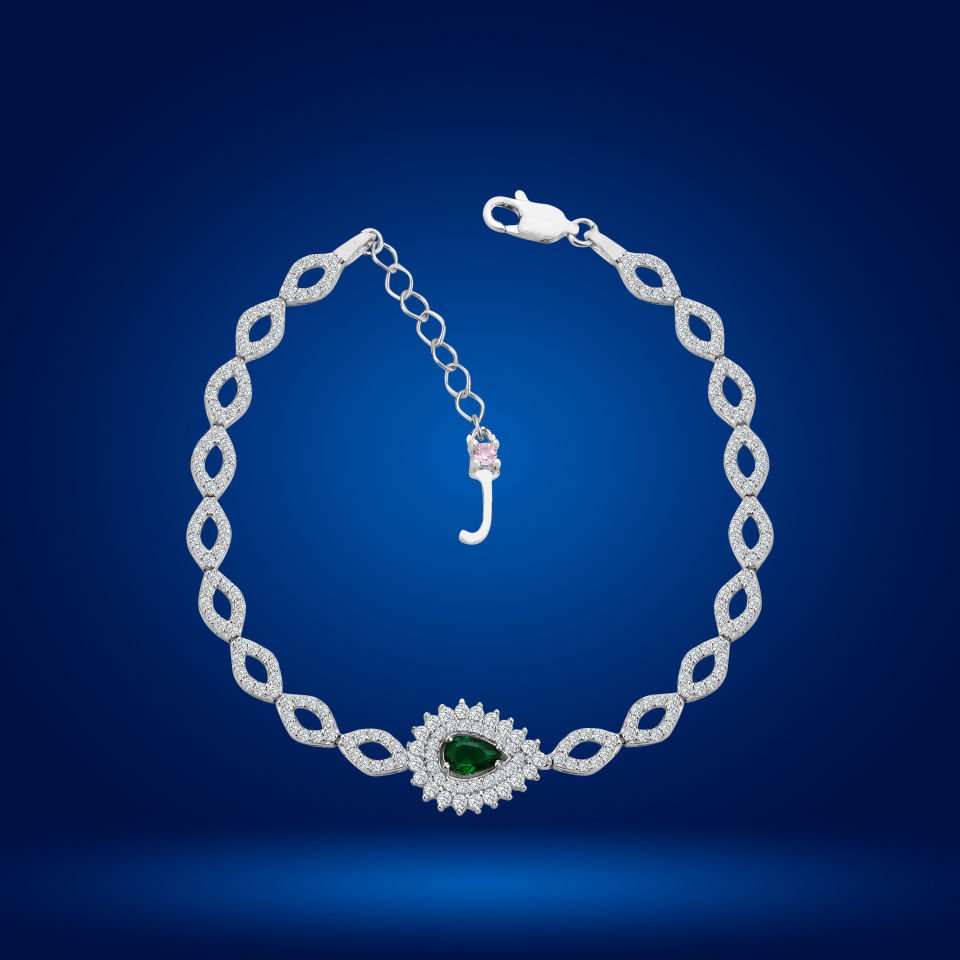 925 Ayar Gümüş Göz Şekilli Yeşil Damla Taşlı Zincir Harfli Su Yolu Bileklik J