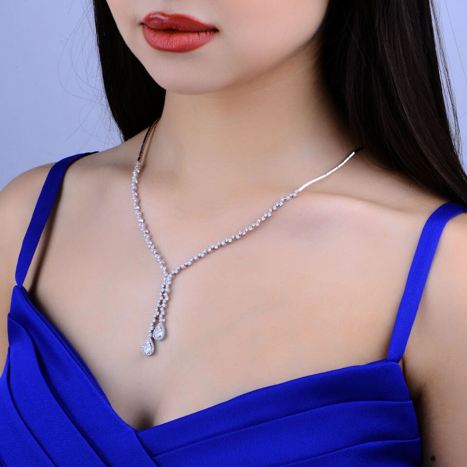 925 Ayar Gümüş Pırlanta Montür Çift Damla Salkım Su Yolu Set BEYAZ