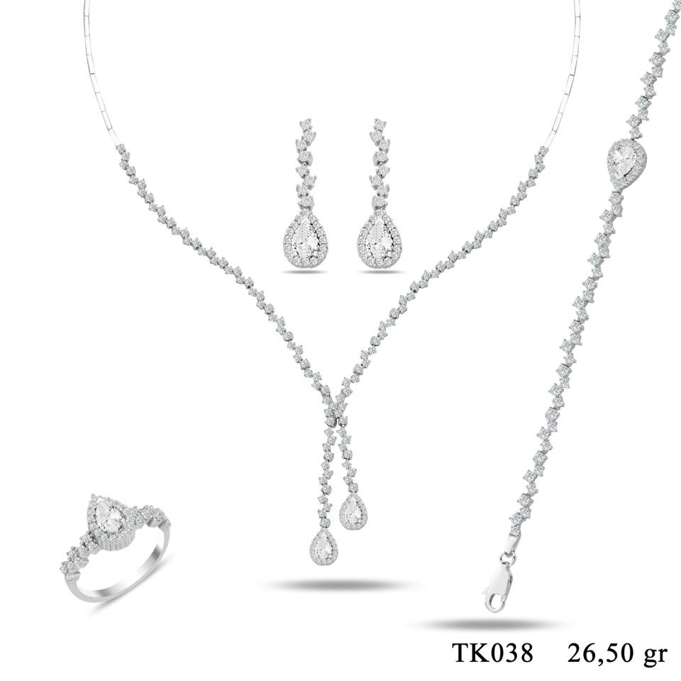 925 Ayar Gümüş Pırlanta Montür Çift Damla Salkım Su Yolu Set BEYAZ