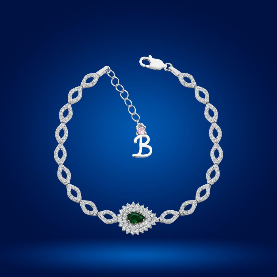 925 Ayar Gümüş Göz Şekilli Yeşil Damla Taşlı Zincir Harfli Su Yolu Bileklik B