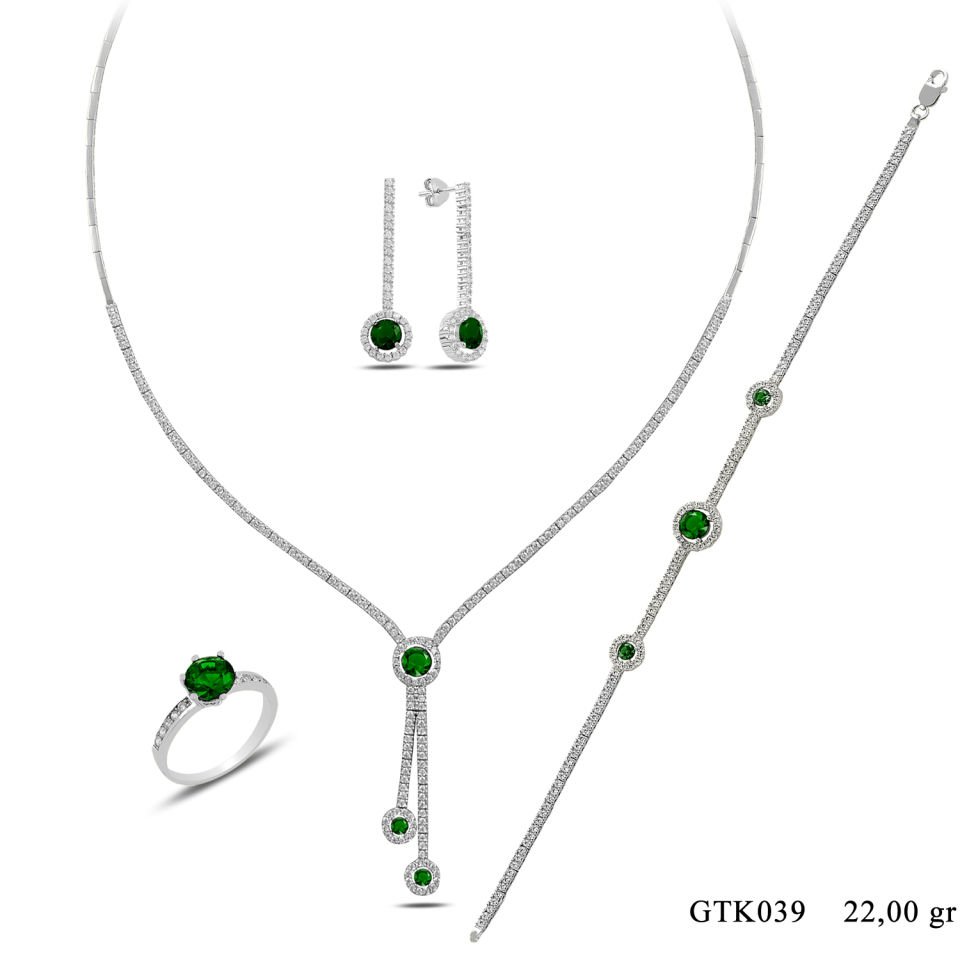 BARIŞ TAKI 925 Ayar Gümüş Salkım Tek Taş Su Yolu Set