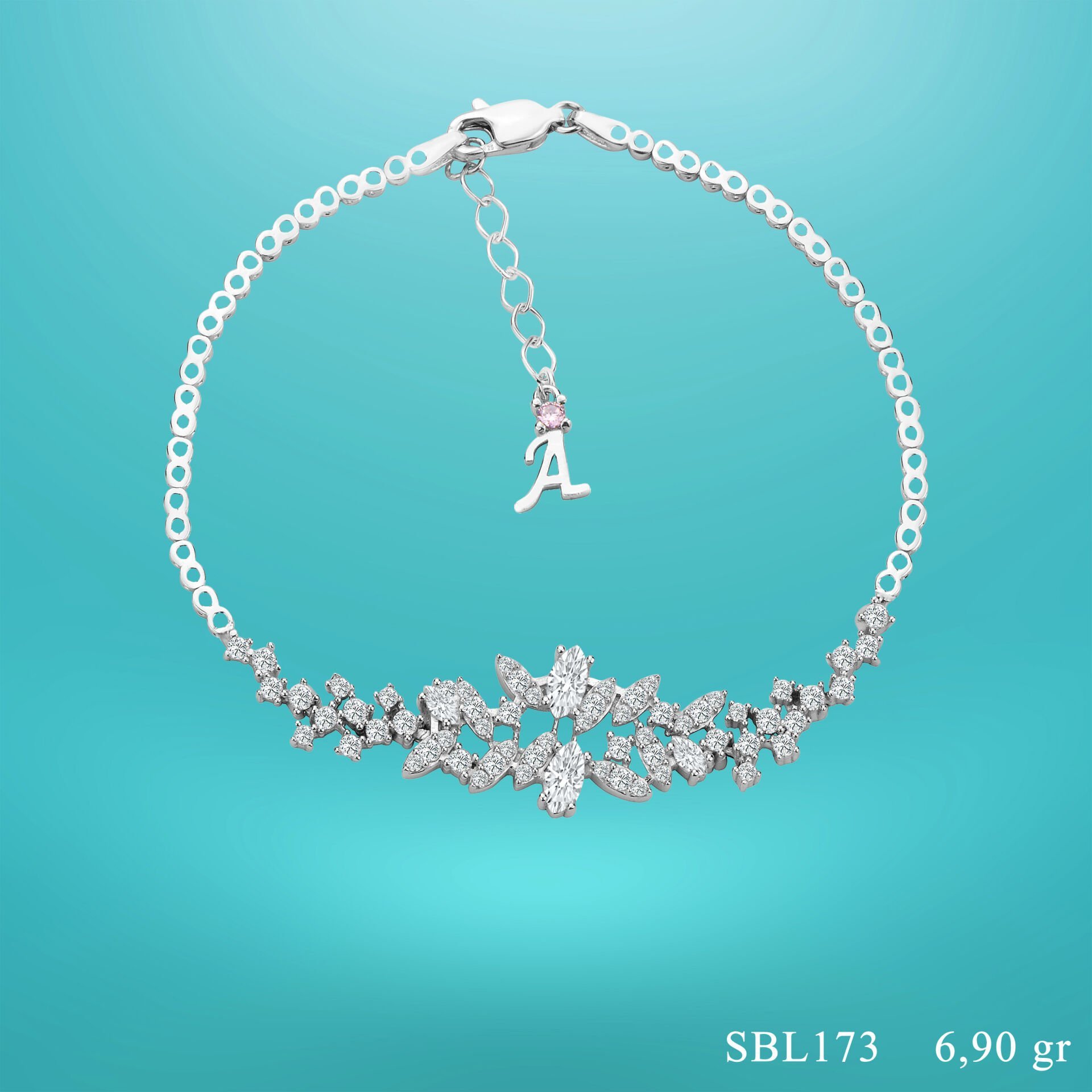 925 Ayar Gümüş Mekik Taşlı Zincir Harfli Su Yolu Bileklik