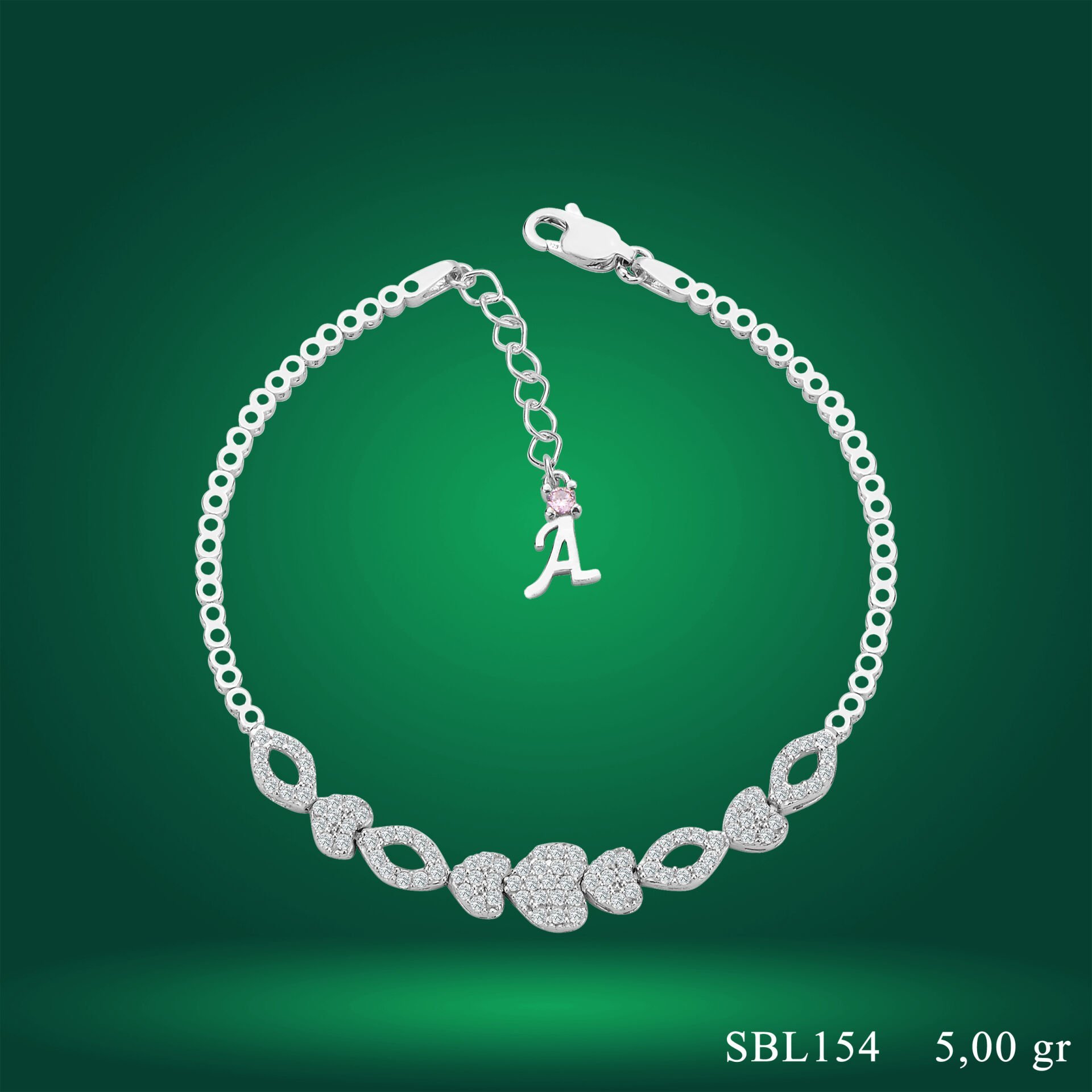 925 Ayar Gümüş Kalp Model Zincir Harfli Su Yolu Bileklik