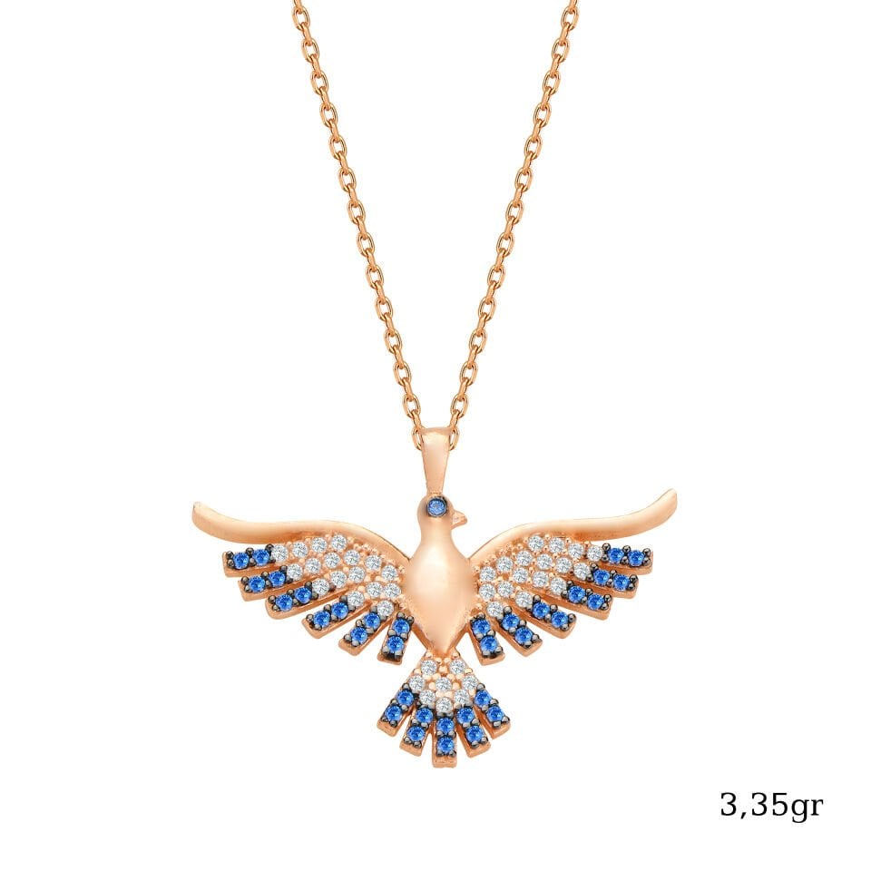 925 Ayar Gümüş Mavi Gökyüzü Kanatlı Anka Kuşu Kolyesi