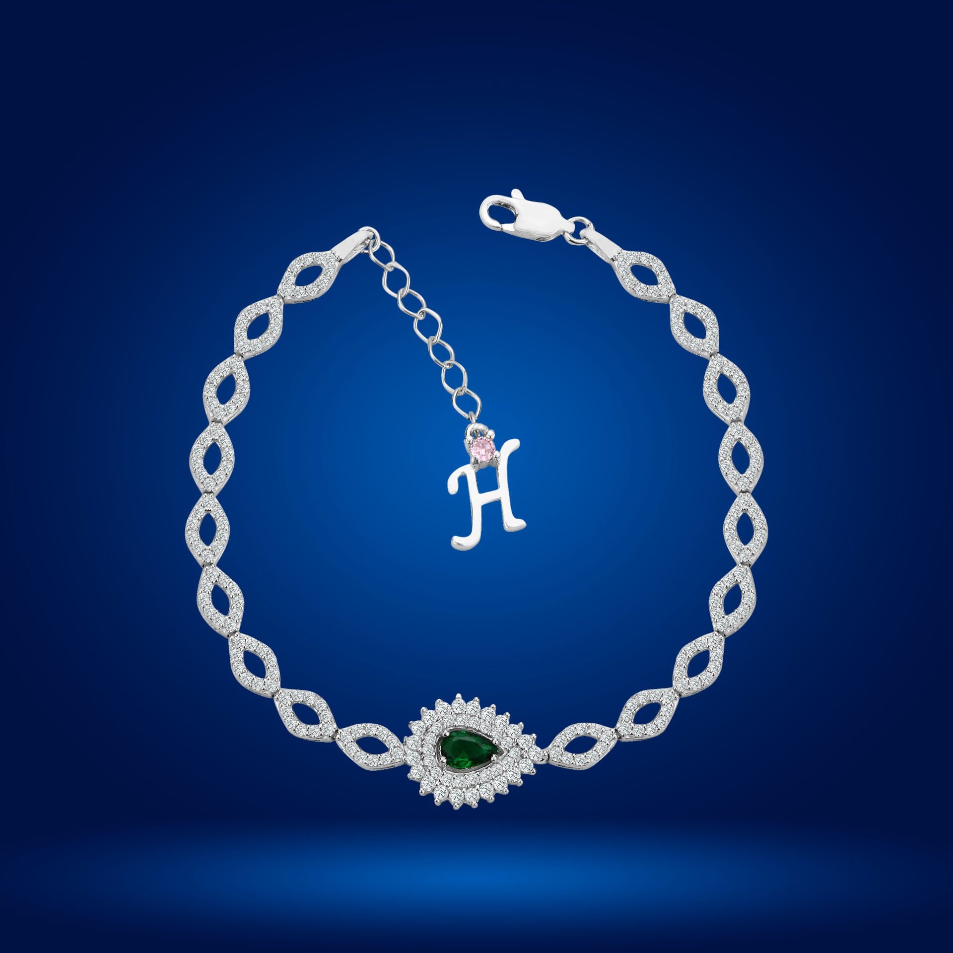 925 Ayar Gümüş Göz Şekilli Yeşil Damla Taşlı Zincir Harfli Su Yolu Bileklik H