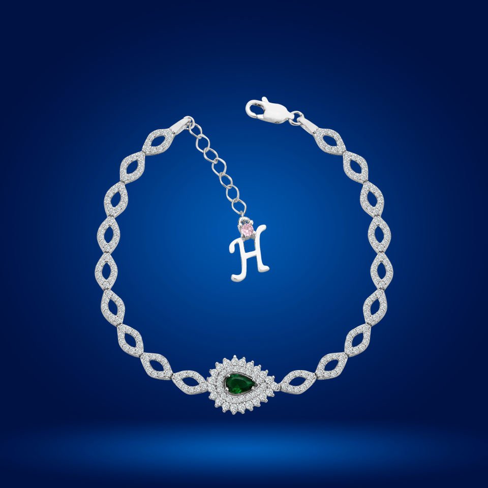925 Ayar Gümüş Göz Şekilli Yeşil Damla Taşlı Zincir Harfli Su Yolu Bileklik H