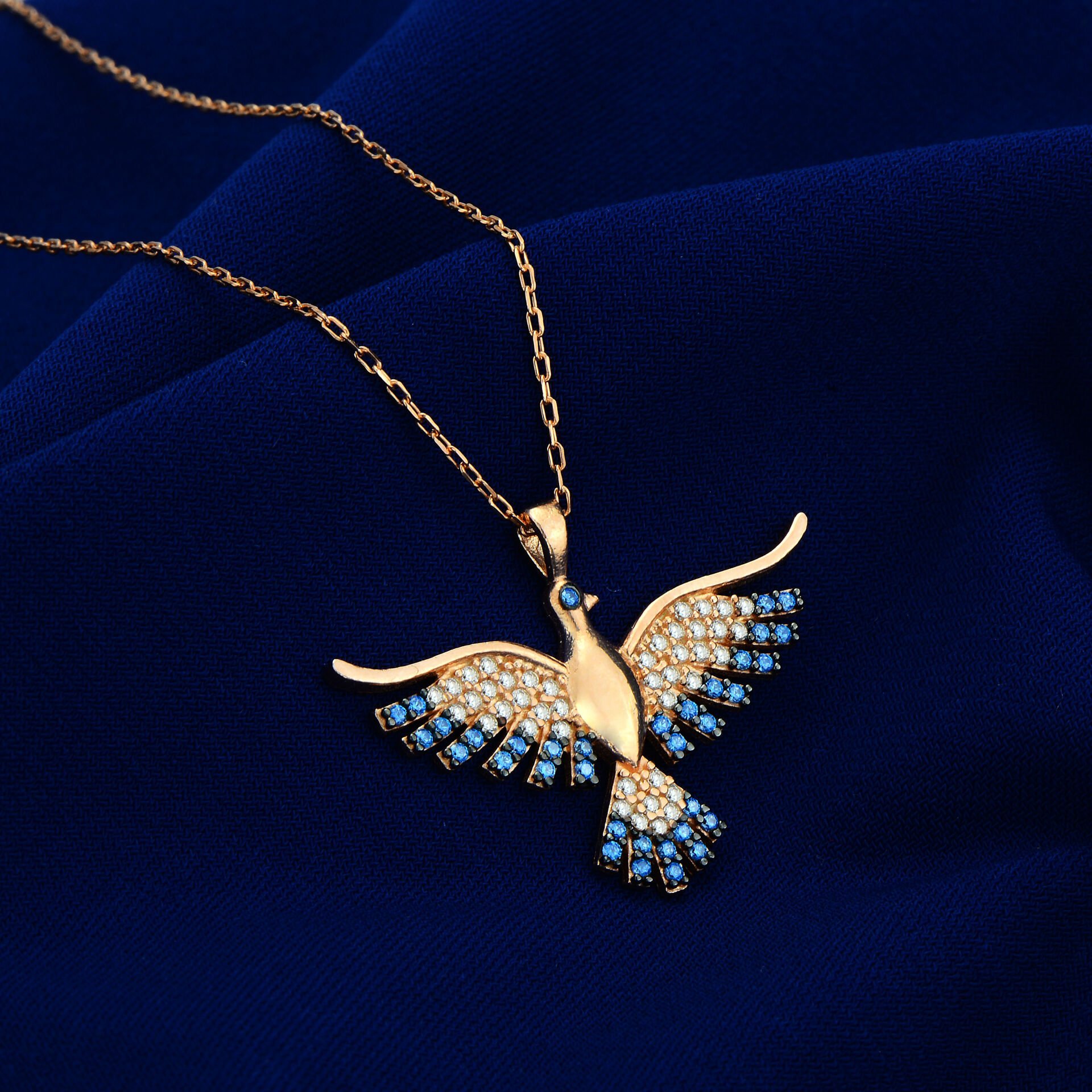 925 Ayar Gümüş Mavi Gökyüzü Kanatlı Anka Kuşu Kolyesi