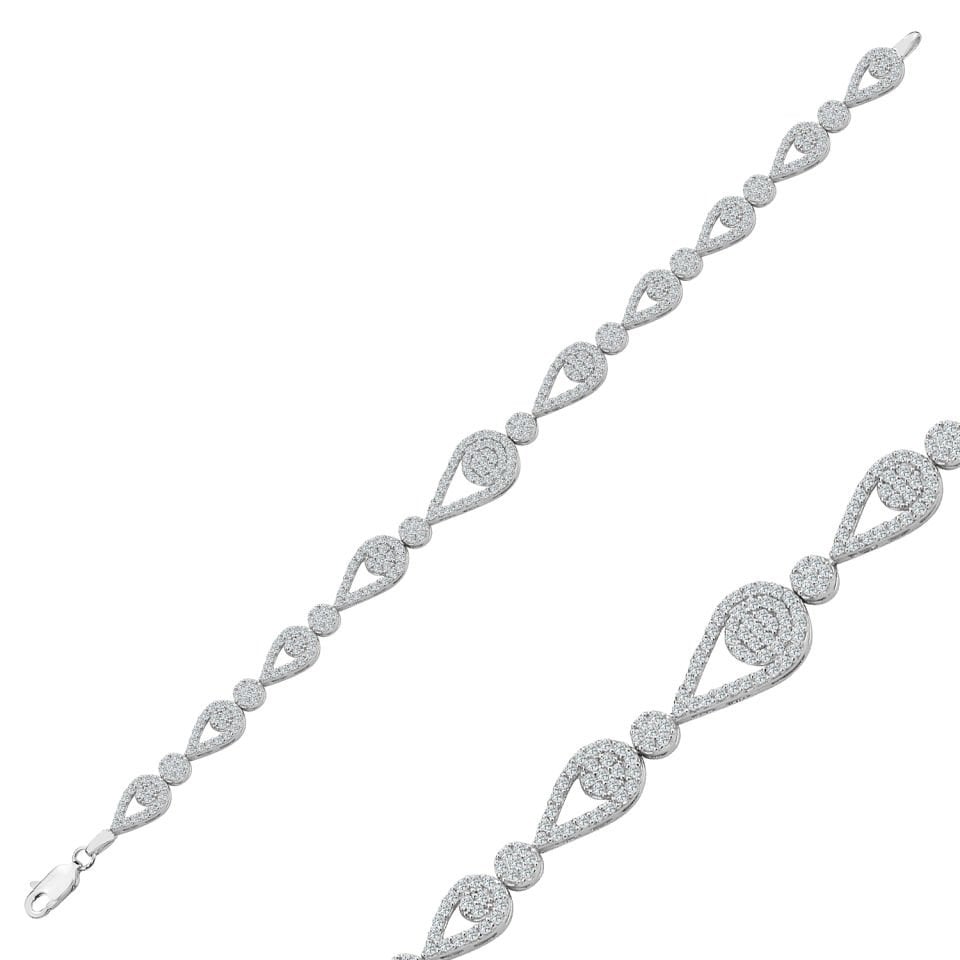 925 Ayar Gümüş Pırlanta Montürlü Damla Zincir Harfli Su Yolu Bileklik