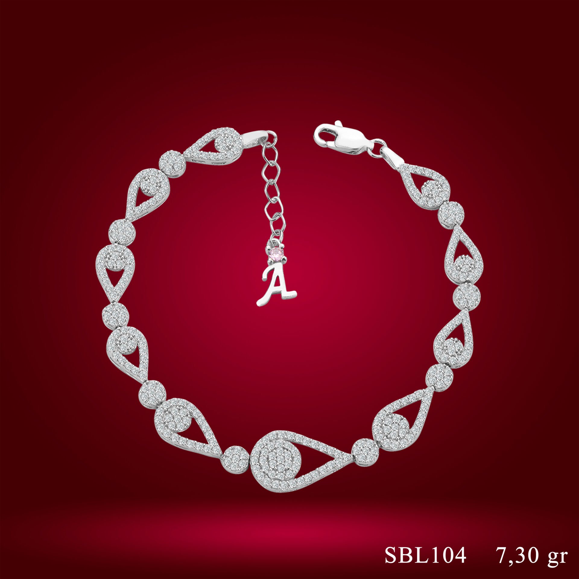 925 Ayar Gümüş Pırlanta Montürlü Damla Zincir Harfli Su Yolu Bileklik