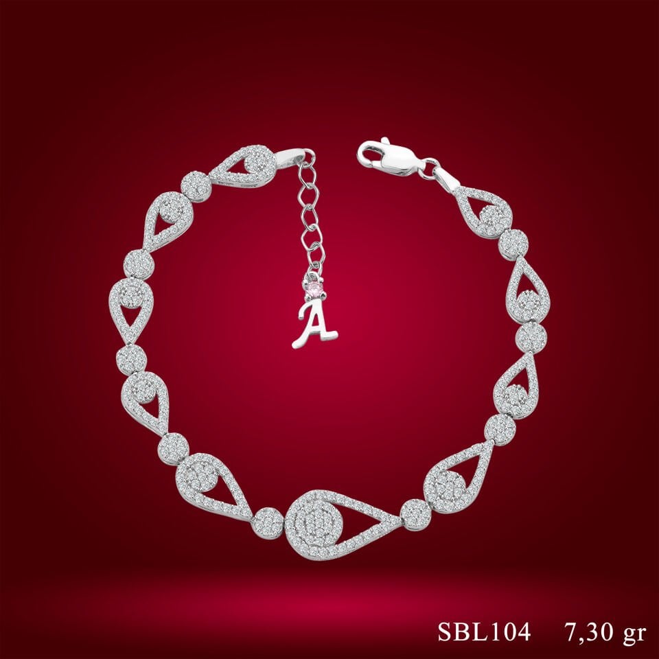 925 Ayar Gümüş Pırlanta Montürlü Damla Zincir Harfli Su Yolu Bileklik