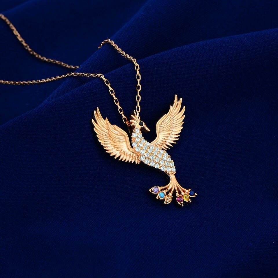 925 Ayar Gümüş Pırlanta Taşlı Kanatlı Anka Kuşu Kolyesi