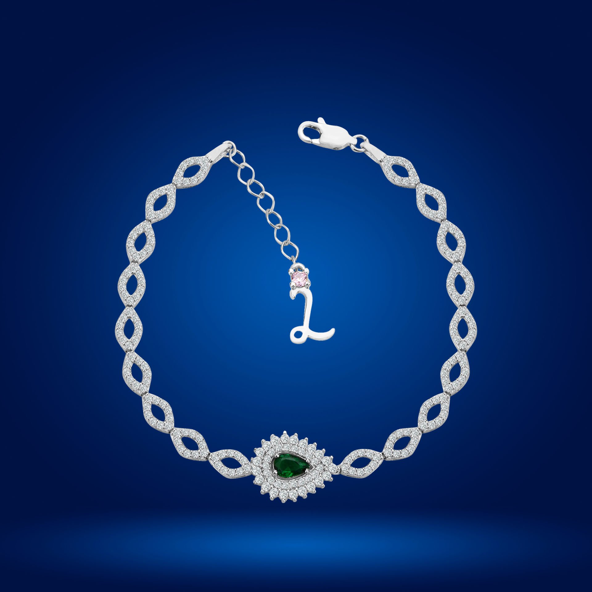 925 Ayar Gümüş Göz Şekilli Yeşil Damla Taşlı Zincir Harfli Su Yolu Bileklik L