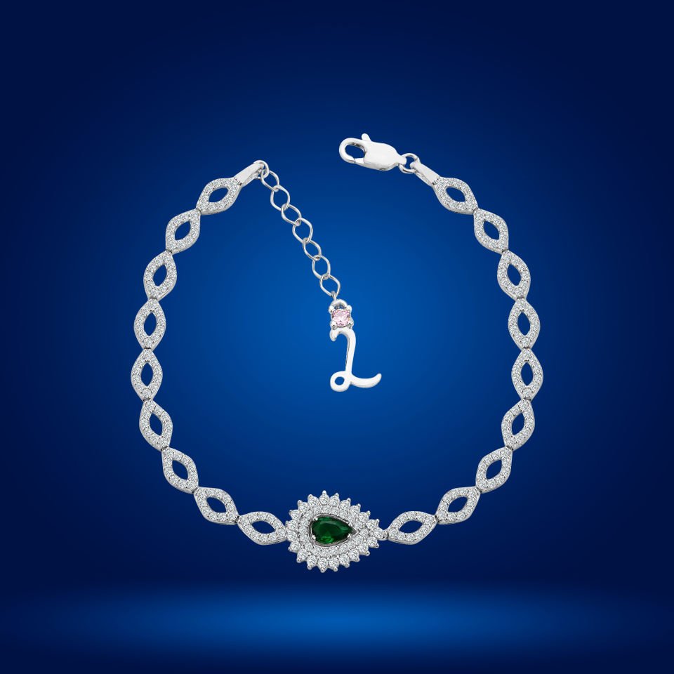 925 Ayar Gümüş Göz Şekilli Yeşil Damla Taşlı Zincir Harfli Su Yolu Bileklik L