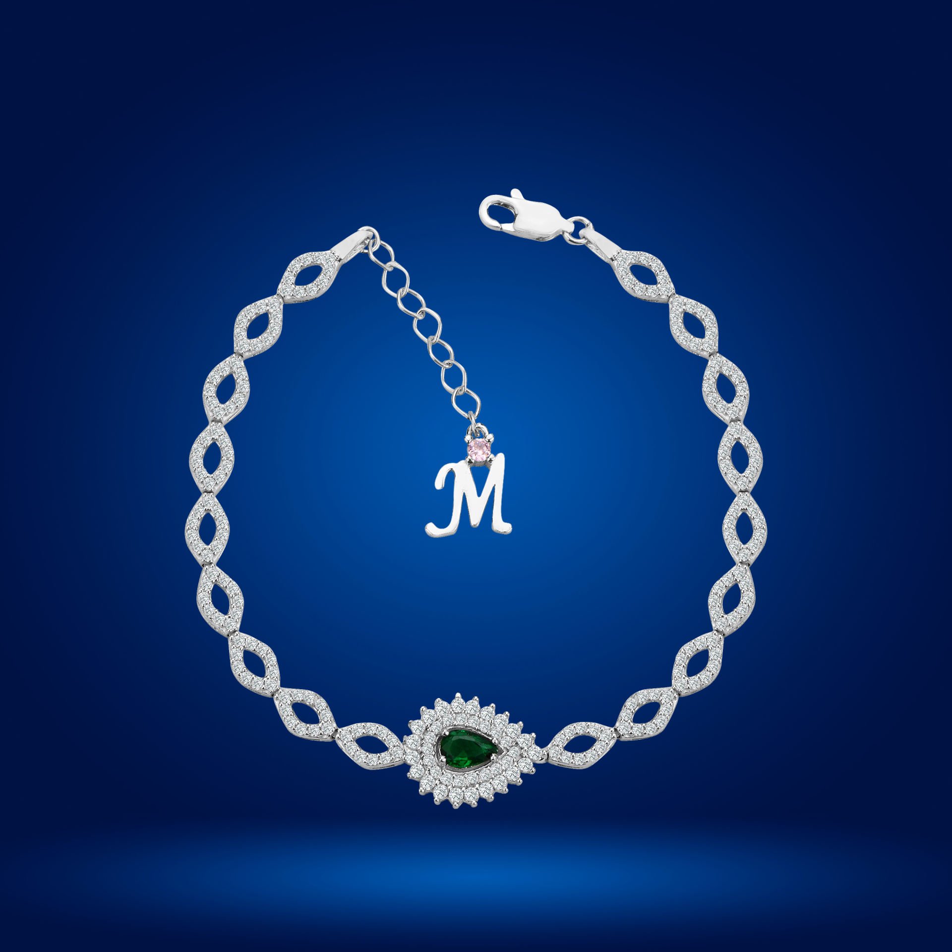 925 Ayar Gümüş Göz Şekilli Yeşil Damla Taşlı Zincir Harfli Su Yolu Bileklik M