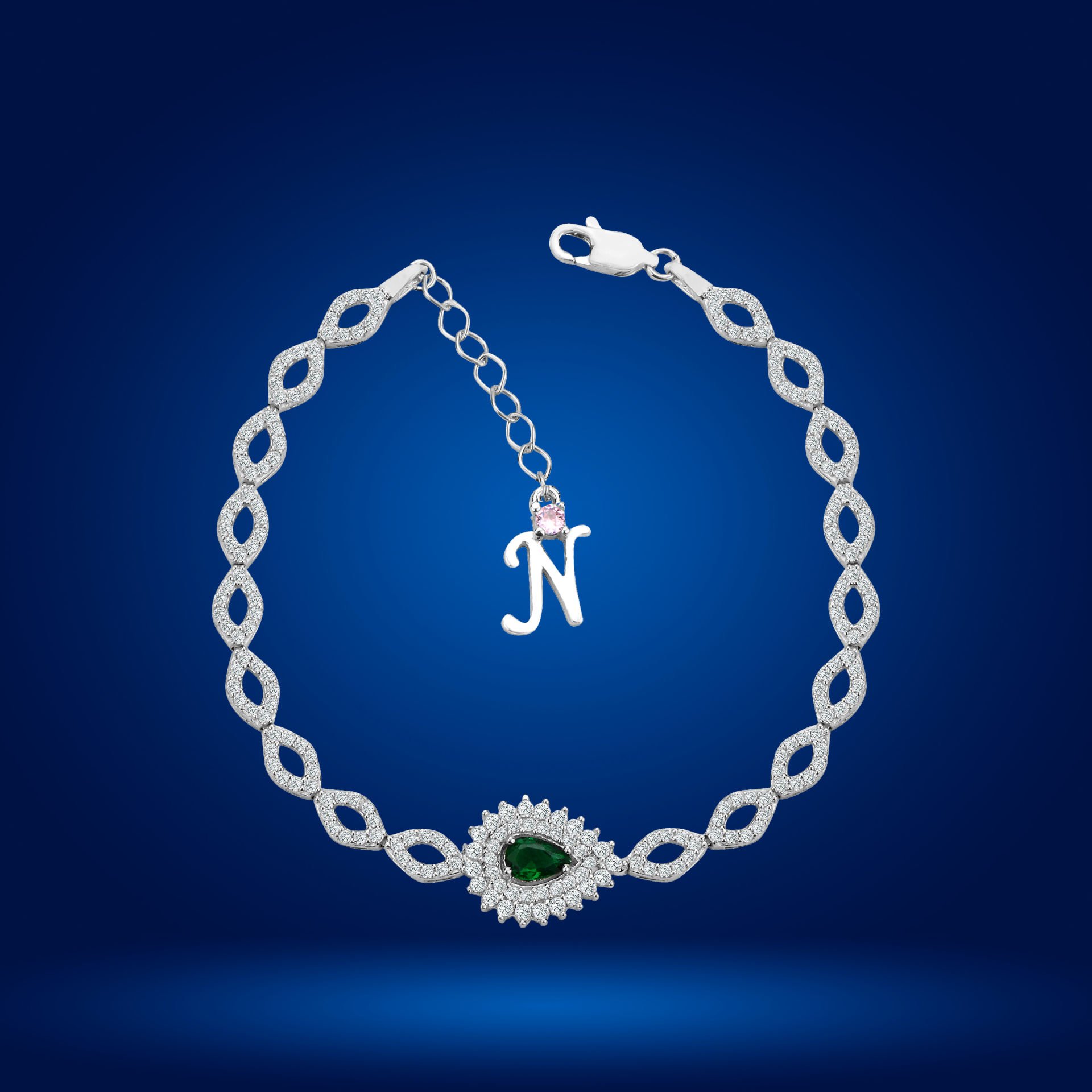 925 Ayar Gümüş Göz Şekilli Yeşil Damla Taşlı Zincir Harfli Su Yolu Bileklik N