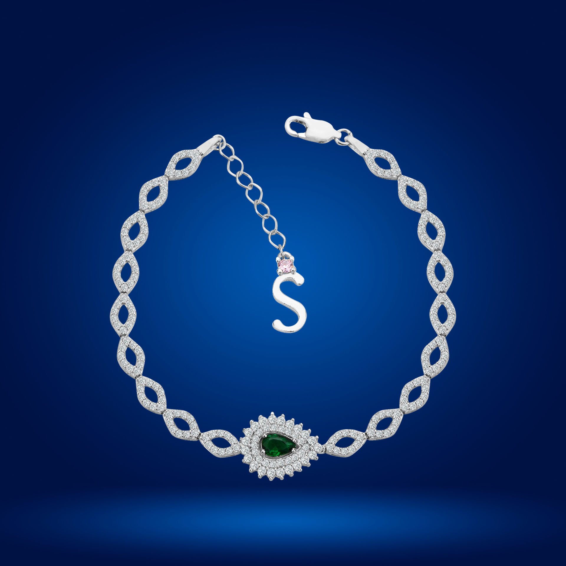 925 Ayar Gümüş Göz Şekilli Yeşil Damla Taşlı Zincir Harfli Su Yolu Bileklik S