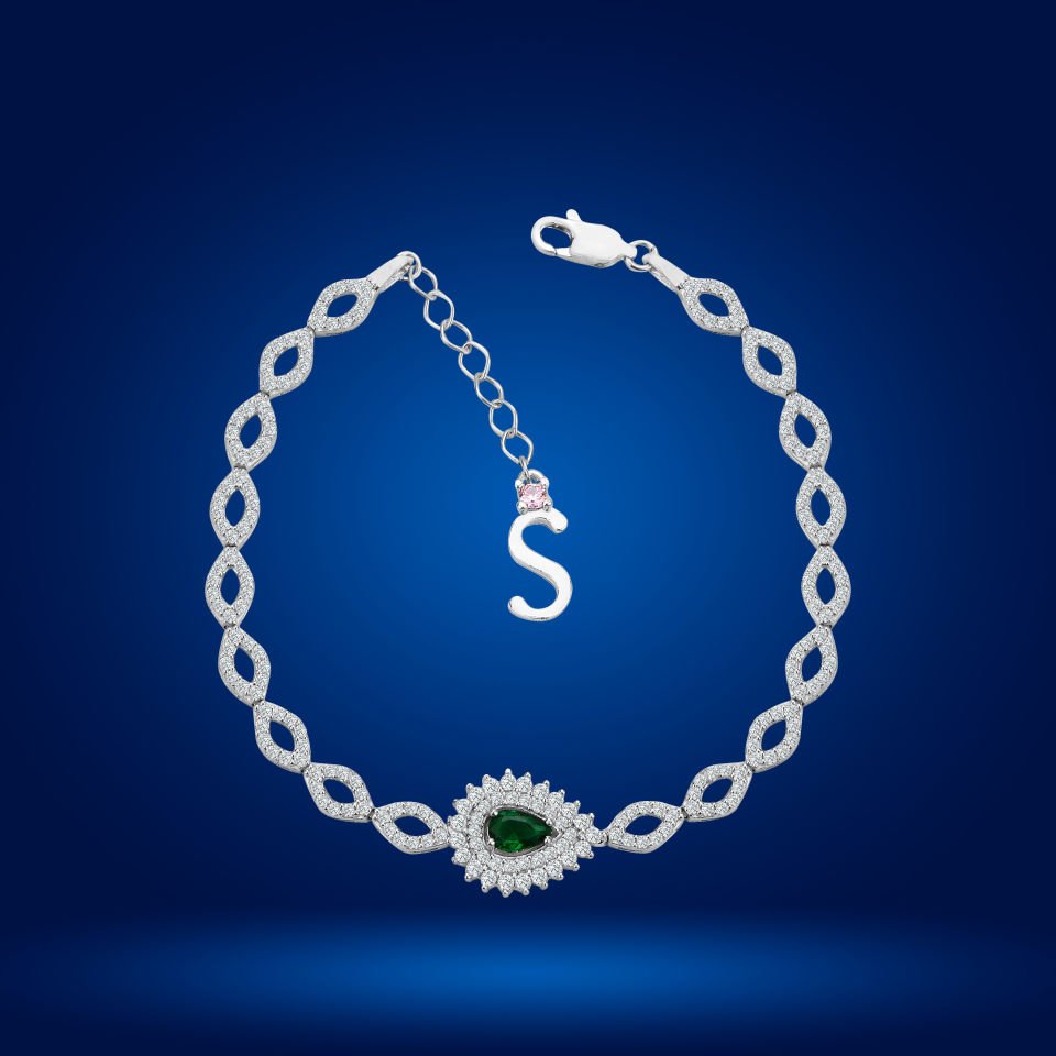 925 Ayar Gümüş Göz Şekilli Yeşil Damla Taşlı Zincir Harfli Su Yolu Bileklik S