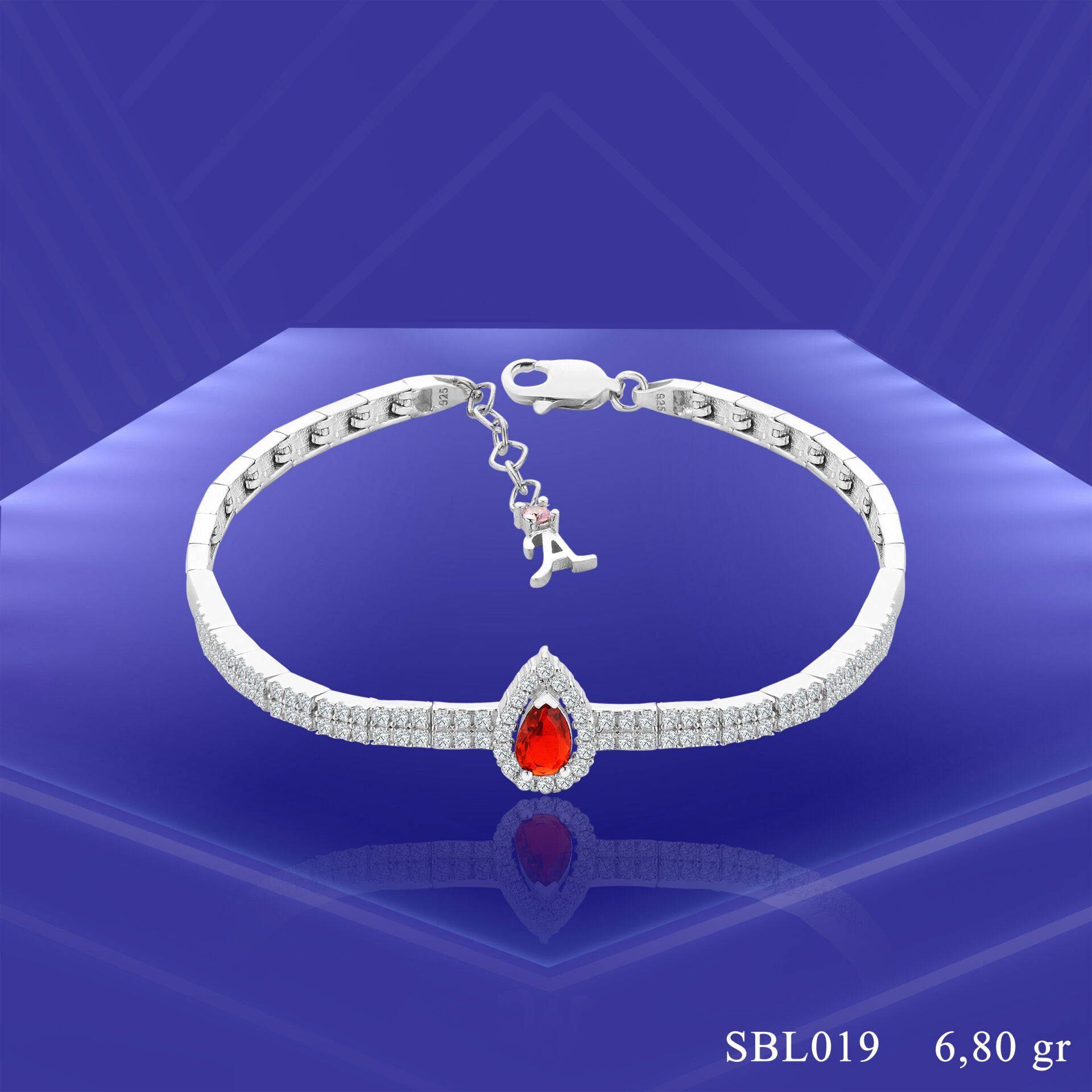 925 Ayar Gümüş 2 Sıra Kırmızı Damla Taşlı Harfli Su Yolu Bileklik