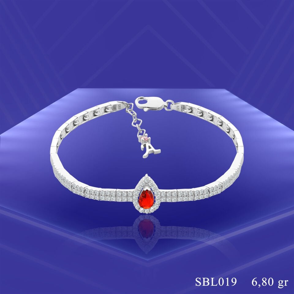925 Ayar Gümüş 2 Sıra Kırmızı Damla Taşlı Harfli Su Yolu Bileklik