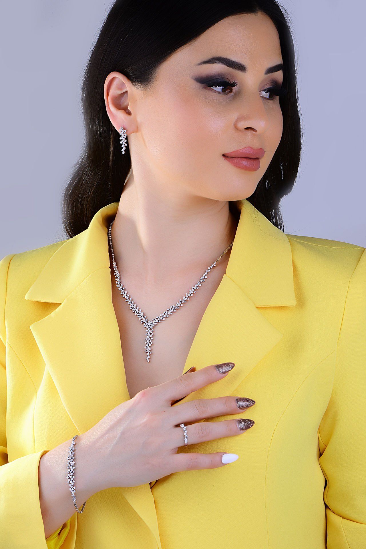 925 Ayar Gümüş Salkım Pırlanta Montür Su Yolu Set