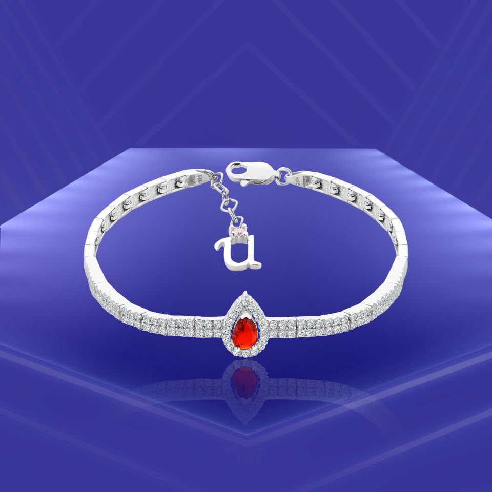 925 Ayar Gümüş 2 Sıra Kırmızı Damla Taşlı Harfli Su Yolu Bileklik Ü