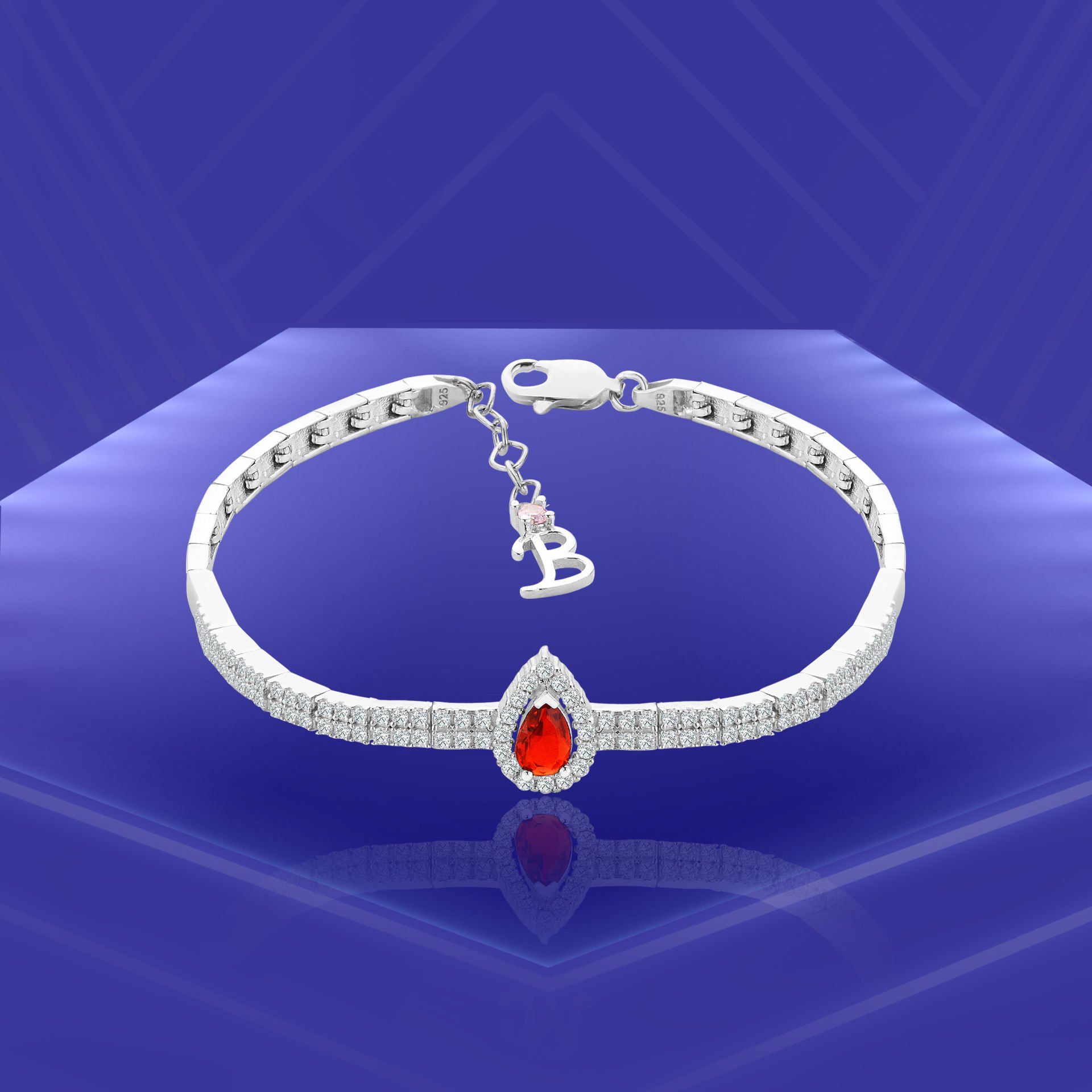 925 Ayar Gümüş 2 Sıra Kırmızı Damla Taşlı Harfli Su Yolu Bileklik B