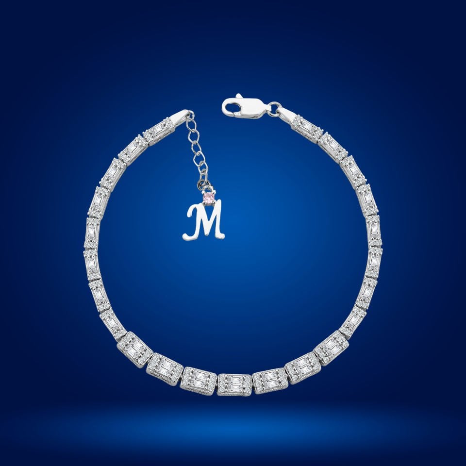 925 Ayar Gümüş Ful Baget Taşlı Zincir Harfli Su Yolu Bileklik M