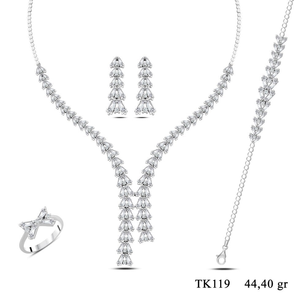 925 Gümüş Kristal Kar Taneli Şık Çift Salkım Su Yolu Set