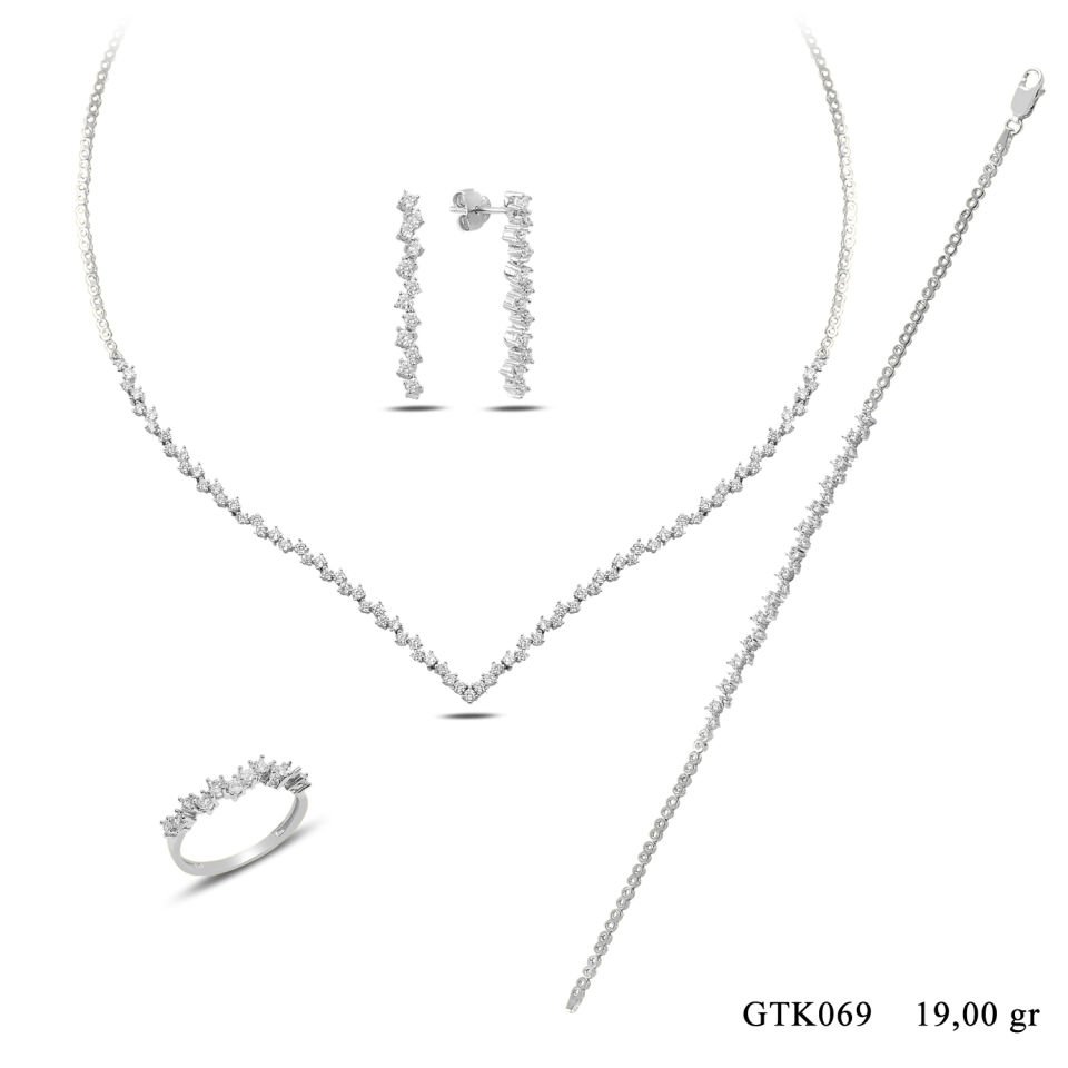 925 Ayar Gümüş V Model Pırlanta Montür Su Yolu Set