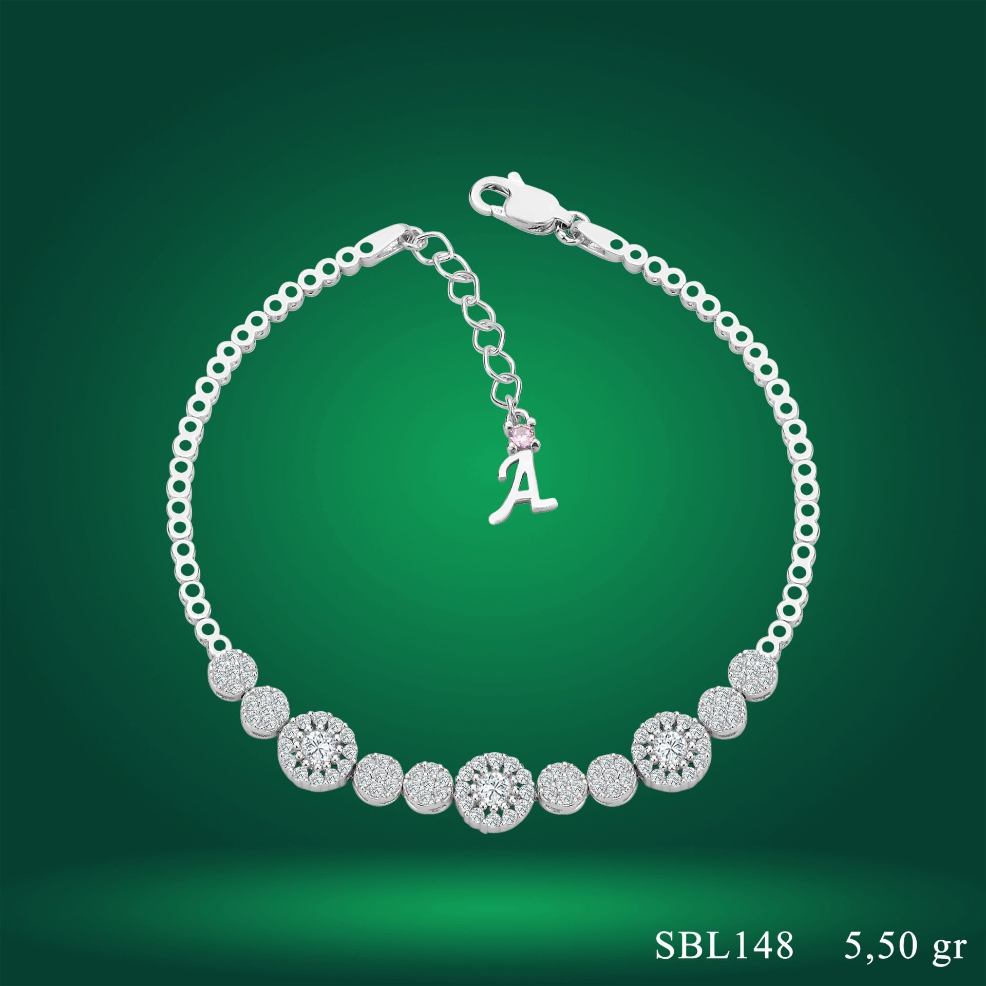 925 Ayar Gümüş Pırlanta Montür Zincir Harfli Su Yolu Bileklik