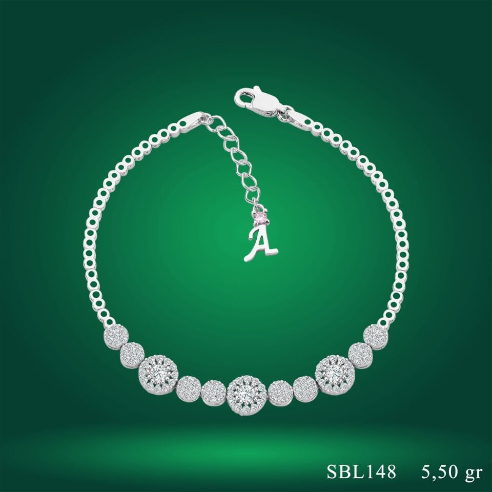 925 Ayar Gümüş Pırlanta Montür Zincir Harfli Su Yolu Bileklik