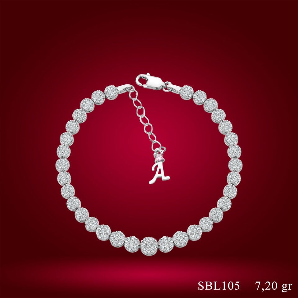 925 Ayar Gümüş Pırlanta Montürlü  Zincir Harfli Su Yolu Bileklik