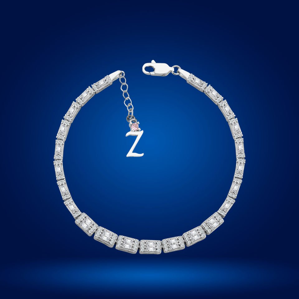 925 Ayar Gümüş Ful Baget Taşlı Zincir Harfli Su Yolu Bileklik Z